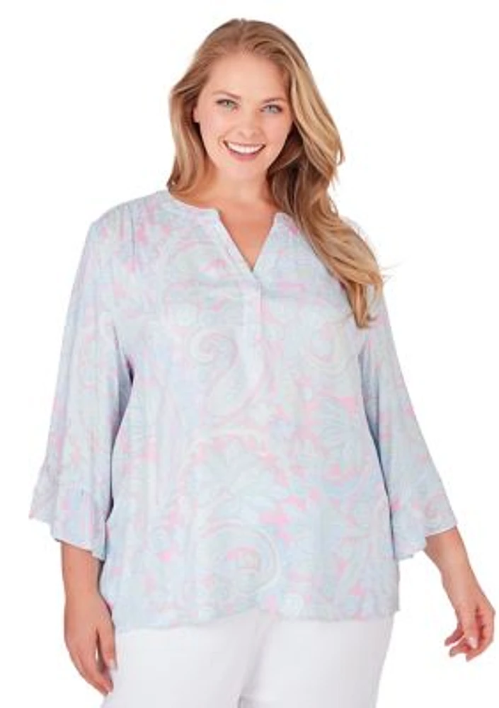 Plus V-Neck Paisley Print Rayon Blouse with Ruffle Sleeve