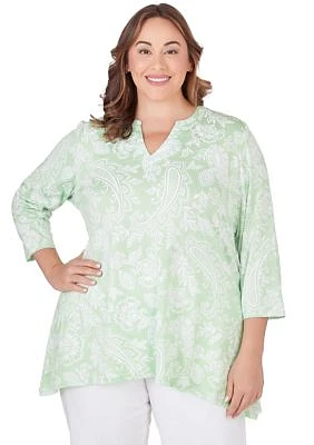 Plus Split Neck Monotone Paisley Printed Sharkbite Hem Top