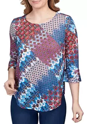 Ruby Rd Women's Mixed Bohemian Geo Patchwork Top with Bell Sleeves