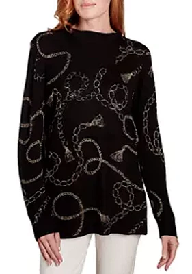 Ruby Rd Women's Metallic Chain Print Split Cowl Pullover Sweater