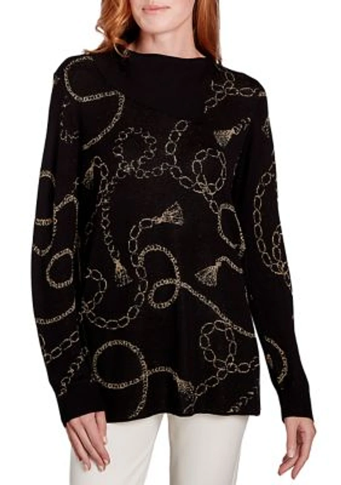 Women's Metallic Chain Print Split Cowl Pullover Sweater