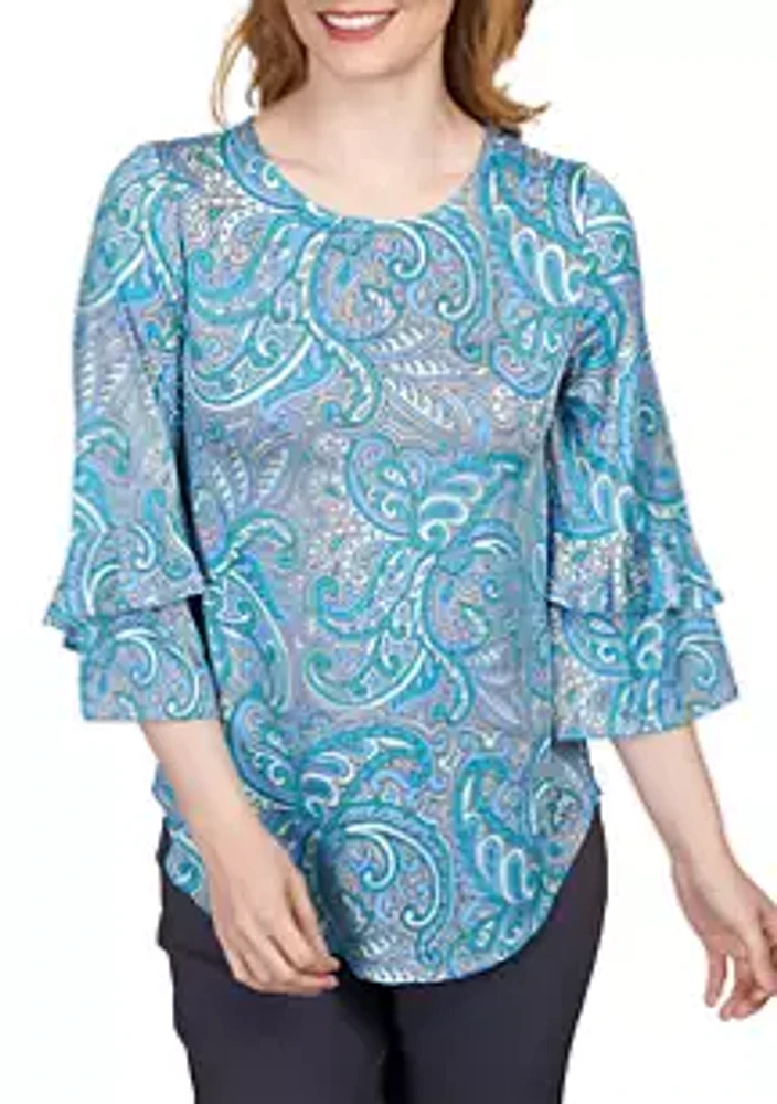 Ruby Rd Plus Paisley Dew Drop Knit Top with Ruffle Sleeves
