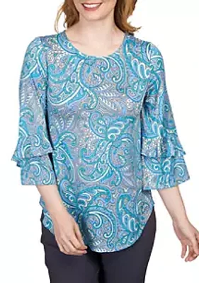 Ruby Rd Plus Paisley Dew Drop Knit Top with Ruffle Sleeves