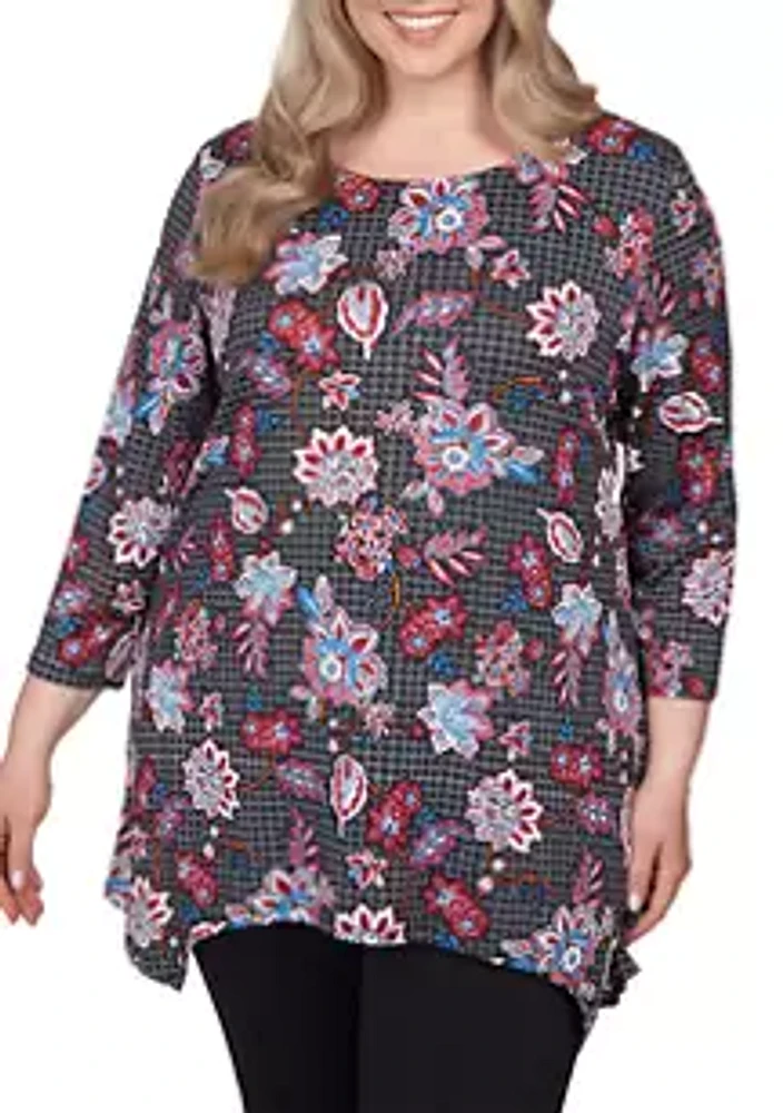 Ruby Rd Plus Bright Floral Leaf Puff Print Sharkbite Tunic