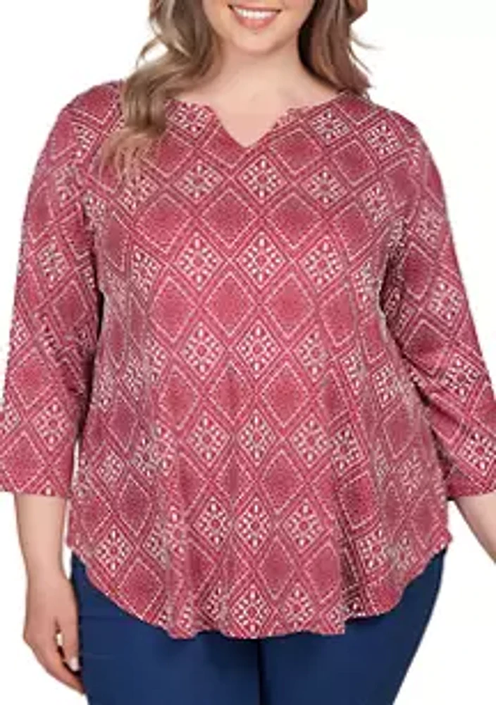 Ruby Rd Plus Split Neck Diamond Print Top