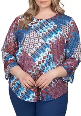 Ruby Rd Plus Patchwork Print Bell Sleeve Top