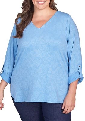 Plus French Terry V-Neck Roll Sleeve Top