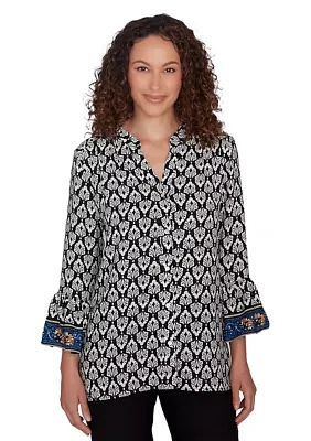 Women's Button Front Ikat Printed Chiffon Shirt with Flounce Sleeve