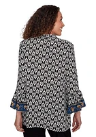 Women's Button Front Ikat Printed Chiffon Shirt with Flounce Sleeve