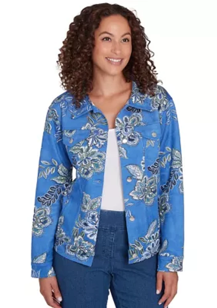 Women's Button Front Floral Printed Suede Jacket