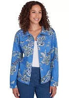 Women's Button Front Floral Printed Suede Jacket