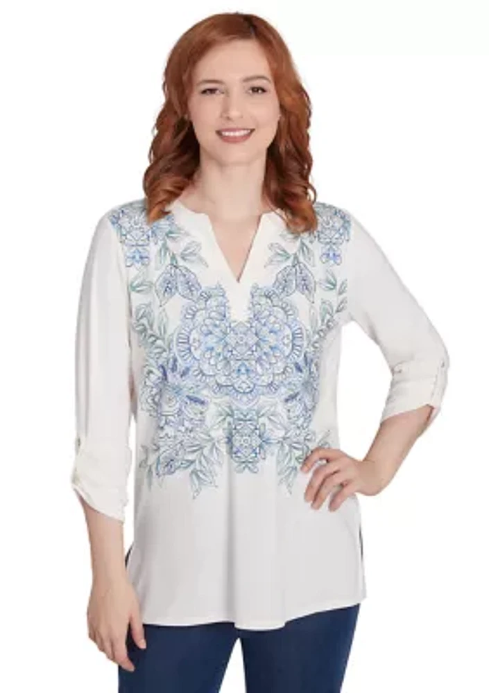 Women's V-Neck Floral Placement Embroidered Knit Top