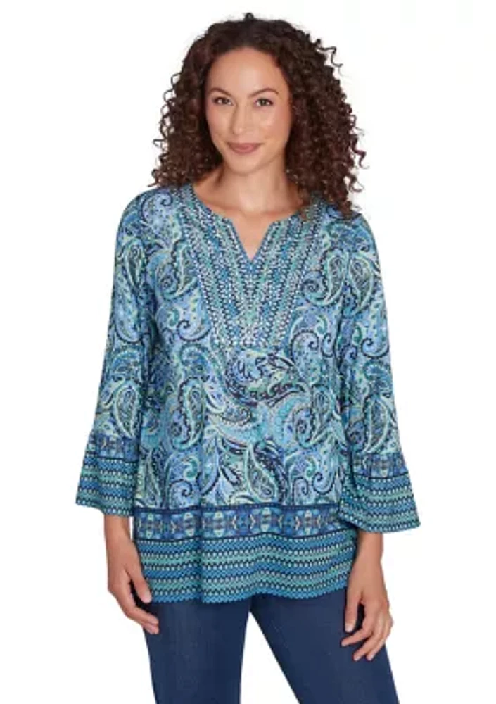 Women's Embellished Placket Paisley Print Slub Jersey Top