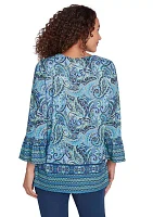 Women's Embellished Placket Paisley Print Slub Jersey Top