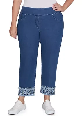 Plus Embroidered Pull On Extra Stretch Denim Jeans