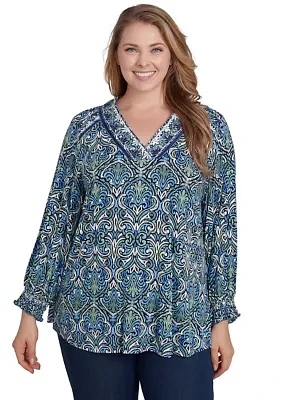 Plus Embroidered V-Neck Medallion Print Knit Top with Ruched Sleeves