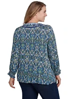 Plus Embroidered V-Neck Medallion Print Knit Top with Ruched Sleeves