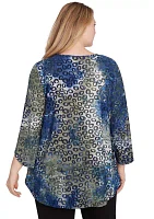 Plus Scoop Neck With Bar Detail Tie Dyed Spots Jacquard Knit Top