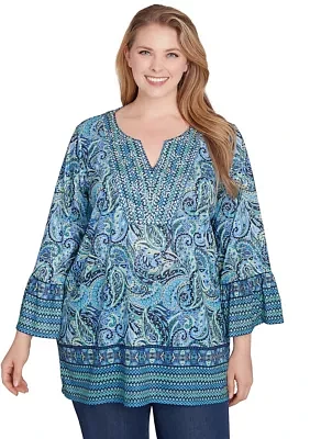 Plus Embellished Placket Paisley Print Slub Jersey Top