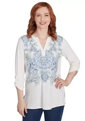 Petite V-Neck Floral Placement Embroidered Knit Top