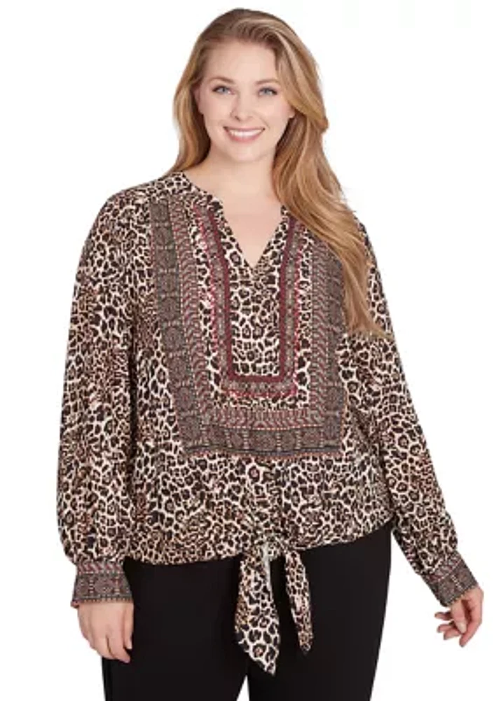 Plus Split Neck Embellished Animal Placement Print Tie Front Top