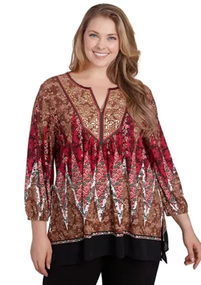 Plus Embellished Placket Decorative Border Print Knit Top with Three Quarter Balloon Sleeve