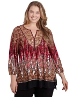 Plus Embellished Placket Decorative Border Print Knit Top with Three Quarter Balloon Sleeve