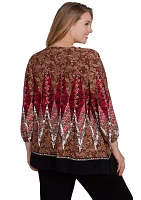 Plus Embellished Placket Decorative Border Print Knit Top with Three Quarter Balloon Sleeve