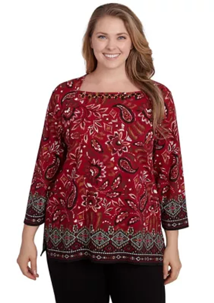 Plus Embellished Envelope Neck Paisley Border Printed Knit Top