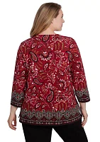 Plus Embellished Envelope Neck Paisley Border Printed Knit Top