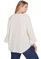 Plus Ballet Neck Luxe Smocked Top With Ruffle Sleeves