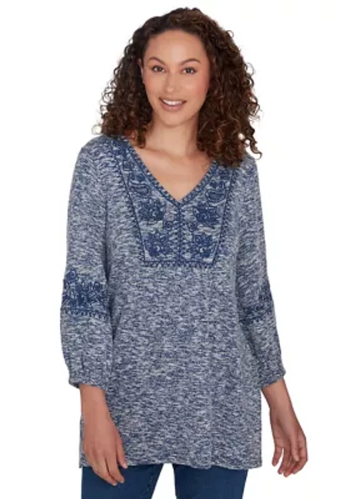 Embroidered V-Neck Hatchi Spacedye Knit Top With Balloon Sleeve