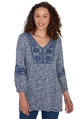 Embroidered V-Neck Hatchi Spacedye Knit Top With Balloon Sleeve