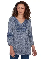 Embroidered V-Neck Hatchi Spacedye Knit Top With Balloon Sleeve