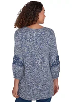 Embroidered V-Neck Hatchi Spacedye Knit Top With Balloon Sleeve