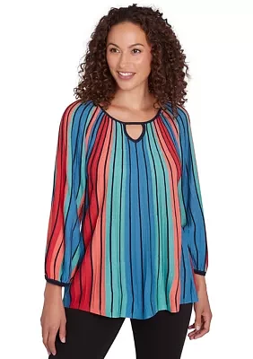 Women's Ballet Neck Gored Stripe Sweater with Three Quarter Balloon Sleeves