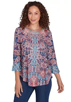 Women's Embellished Scoop Neck Floral Print Slub Jersey Top with Flounce Sleeves