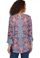 Women's Embellished Scoop Neck Floral Print Slub Jersey Top with Flounce Sleeves