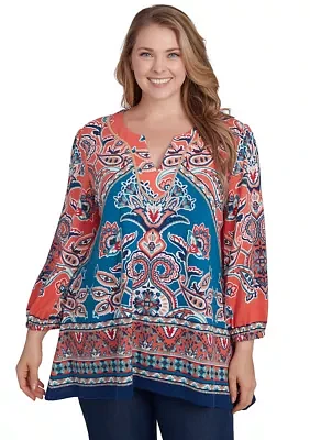 Plus Embellished Split Neck Baroque Motif Printed Hatchi Knit Top with Balloon Sleeves