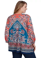 Plus Embellished Split Neck Baroque Motif Printed Hatchi Knit Top with Balloon Sleeves