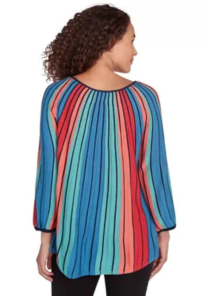 Plus Ballet Neck Gored Stripe Sweater With Three Quarter Balloon Sleeves