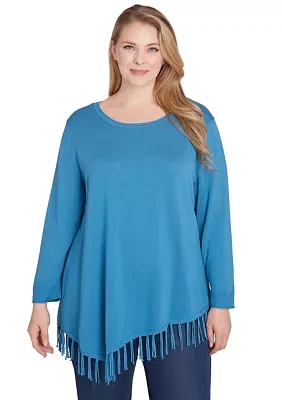 Plus Scoop Neck Solid Fine Gauge Pullover Sweater with Fringe Asymmetric Hem