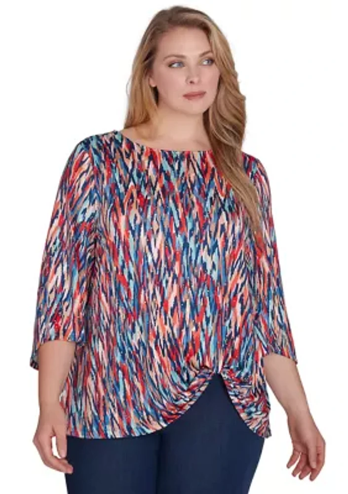 Plus Boat Neck Ikat Dew Drop Printed Knit Top with Twist Front Detail