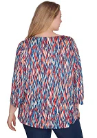 Plus Boat Neck Ikat Dew Drop Printed Knit Top with Twist Front Detail