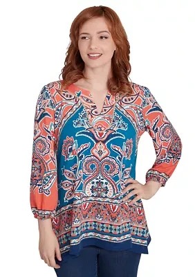 Petite Embellished Split Neck Baroque Motif Printed Hacci Knit Top with Balloon Sleeves