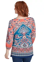 Petite Embellished Split Neck Baroque Motif Printed Hacci Knit Top with Balloon Sleeves