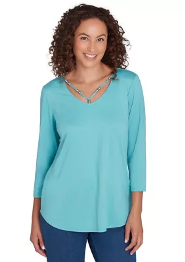 Petite V-Neck Solid Knit Top with Bead Detail