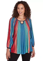 Petite Keyhole Neck Gored Stripe Sweater with Three Quarter Balloon Sleeves