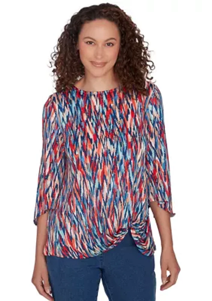 Petite Scoop Neck Ikat Dew Drop Printed Knit Top with Twist Front Detail