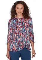 Petite Scoop Neck Ikat Dew Drop Printed Knit Top with Twist Front Detail